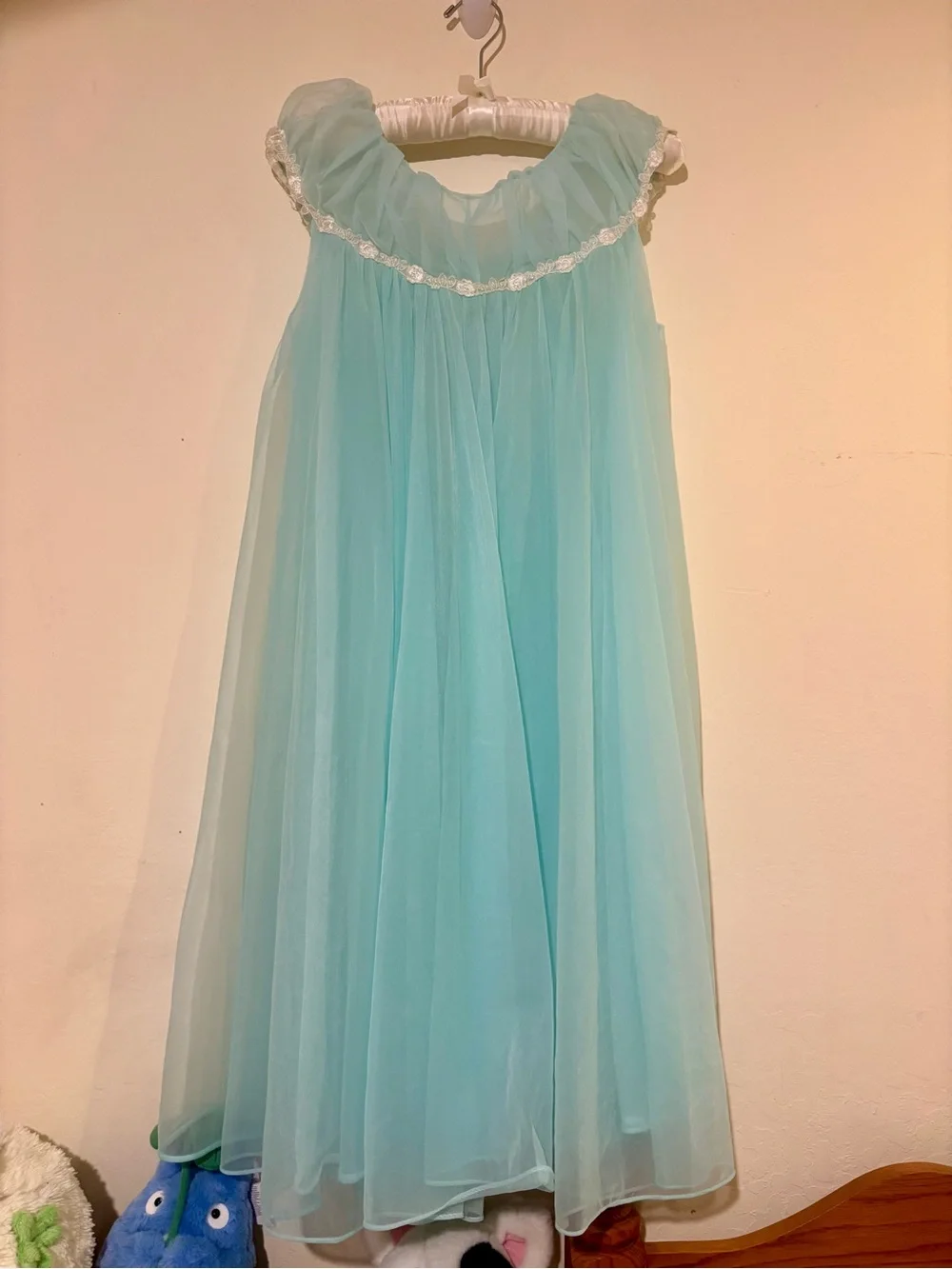 Vintage 1950’s Dreamy Light Aqua Tulle Nylon Chiffon Nightgown & Robe Set